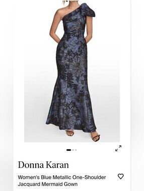 Donna Karan Navy Blue Metallic One-Shoulder Jacquard Maxi Gown Dress